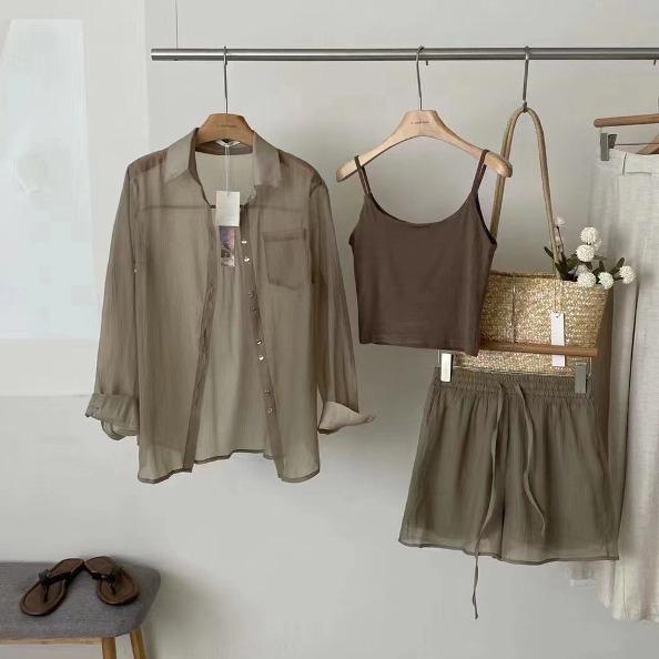 시스루 긴팔 셔츠+끈나시+반바지 세트