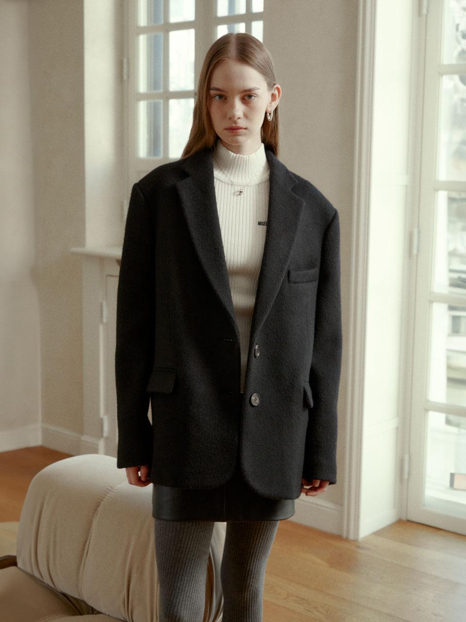 PRAHA Fox Blended Classic Oversized Hairy Wool Jacket_Black