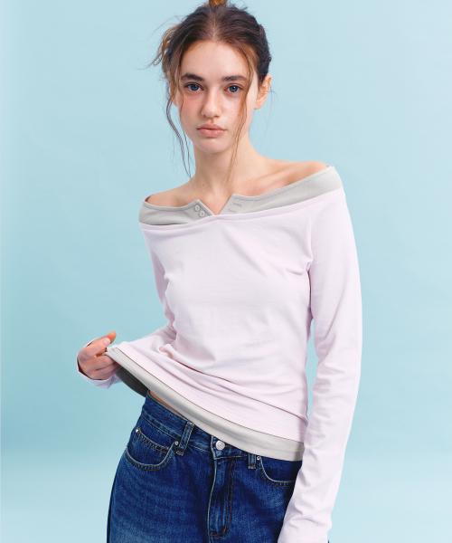 OFF-SHOULDER LAYERED T-SHIRT  (LIGHT PINK)