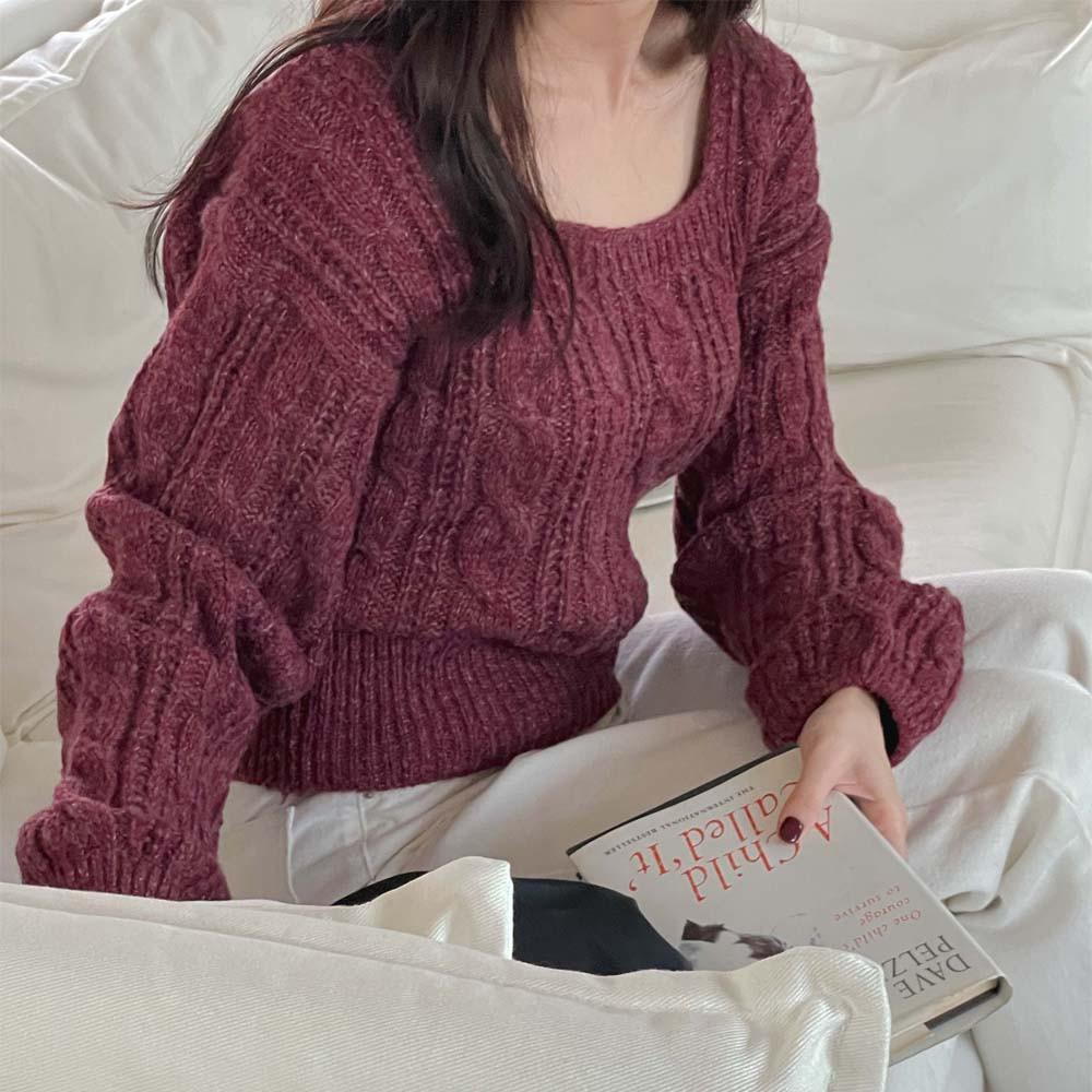 [55-88] 빅사이즈 오버핏 박시핏 크롭 - 누아르 꽈배기 스퀘어넥 니트