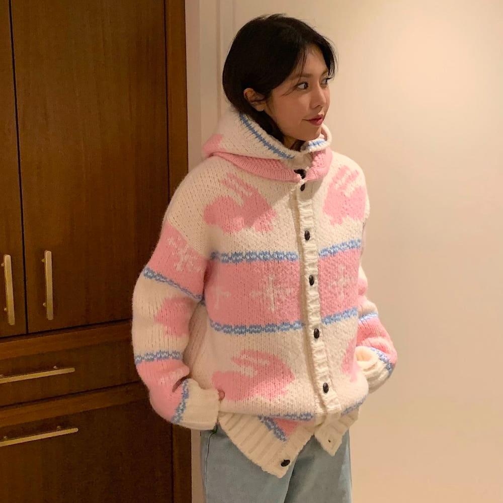 코위찬 래빗 자가드 가디건 3color 알파카 노르딕 바라클라바세트