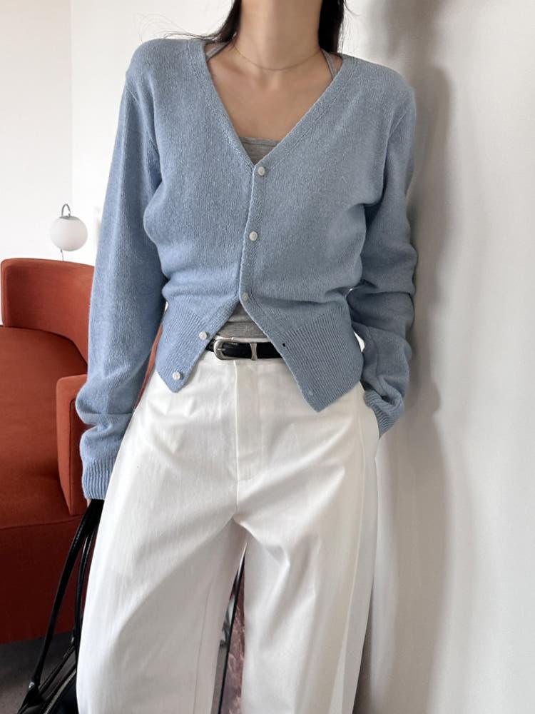 버넷 브이넥 크롭 울50 파스텔 긴팔 가디건