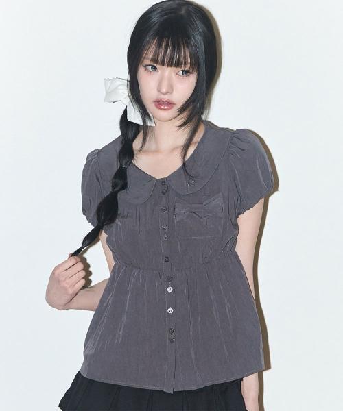 포밍 리본 퍼프 블라우스 차콜