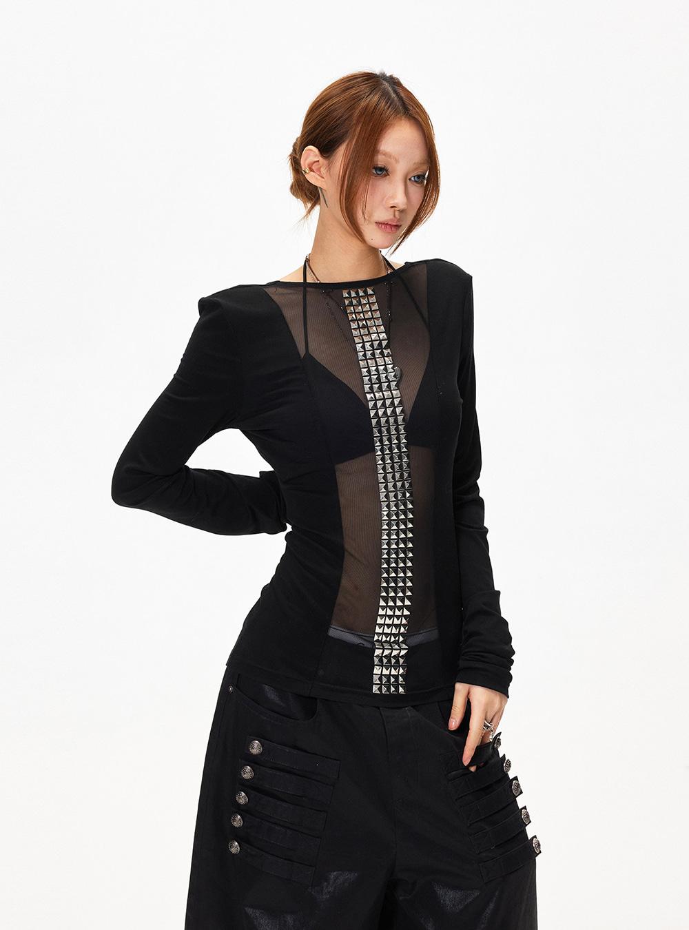 Rivet Spine Sheer Long Sleeve Top