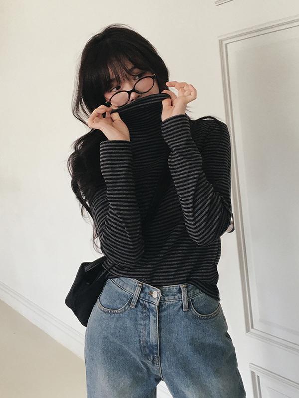 슬로우앤드 [🤎레이어드] made. 디토 스트라이프 터틀넥티셔츠 - 3 color