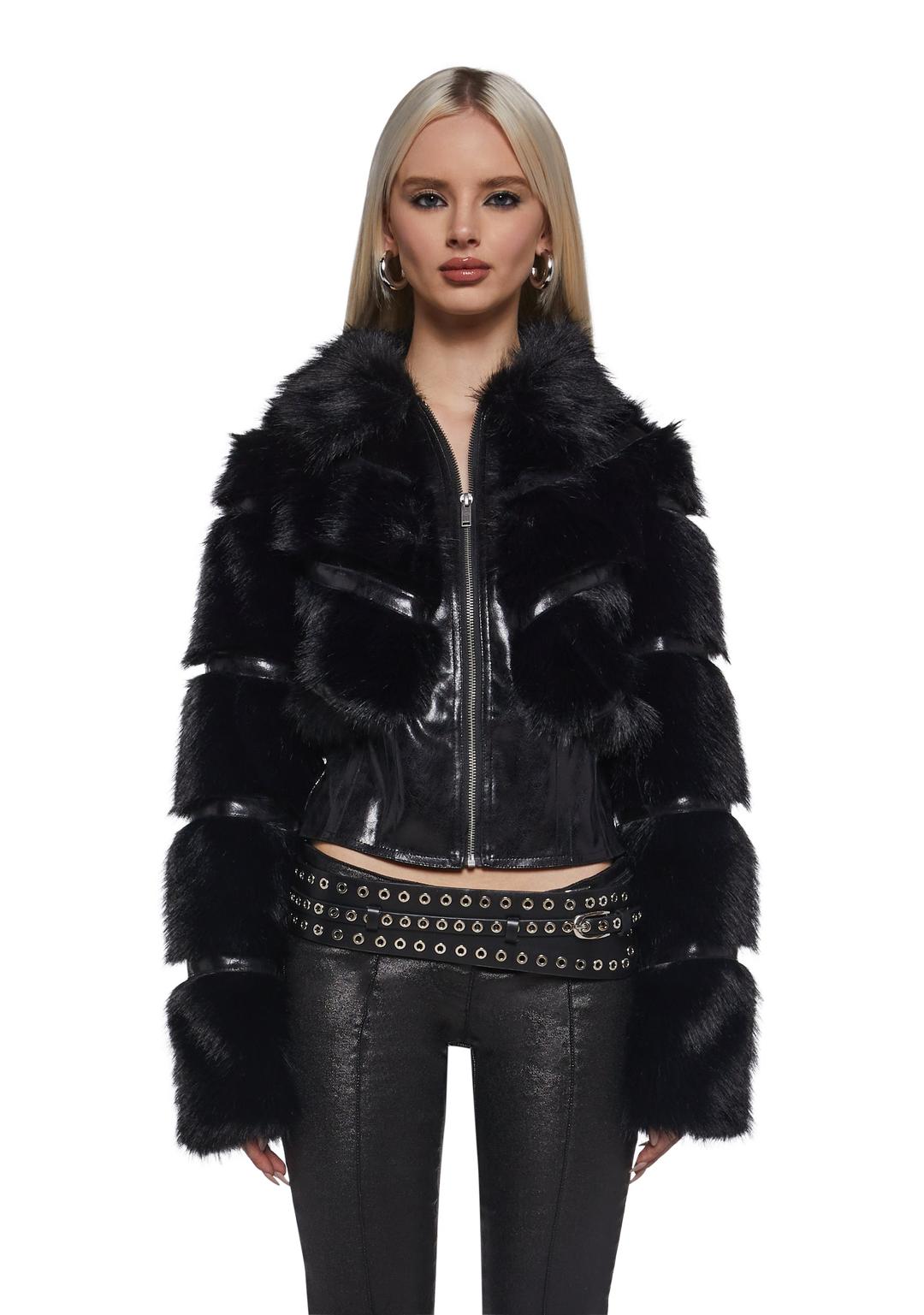 Star Power Faux Fur Jacket - BLACK / XX-small
