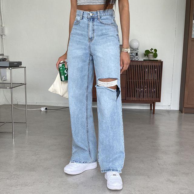 [찢청/핏예뻐요] 와이드핏 구제 하이웨스트 연청 데님 팬츠 _ 알콜