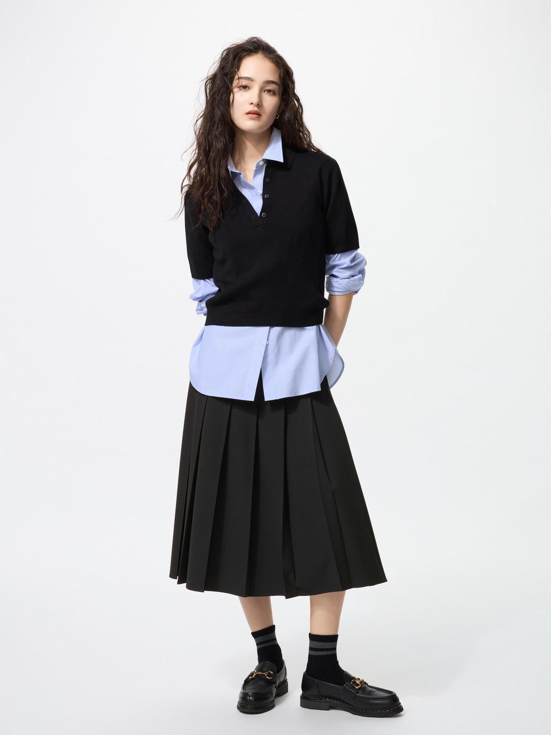 와이드플리츠미디스커트(치마길이69~73cm·긴기장)