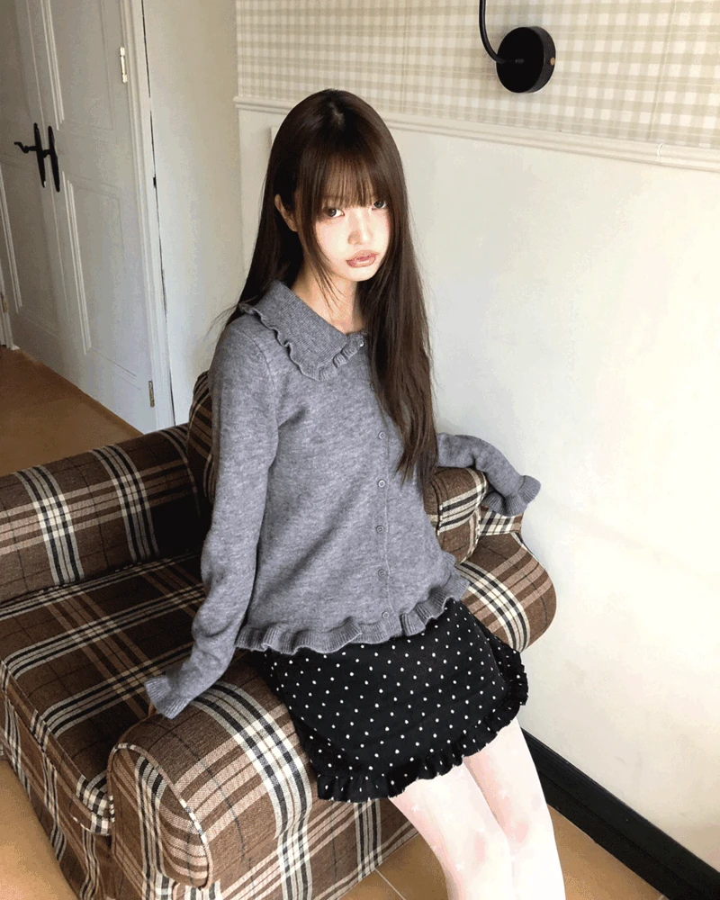 [도톰촉감🧶] 초민 프릴 카라 니트 가디건