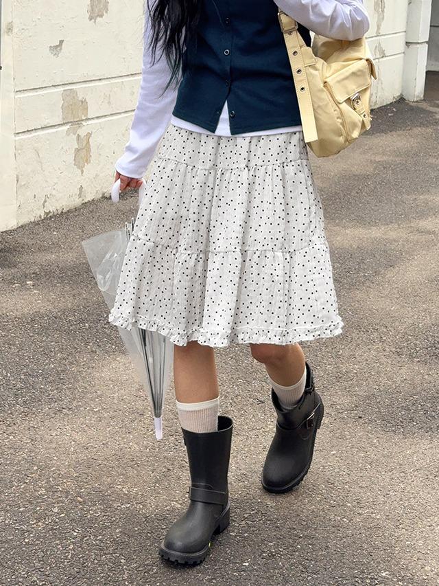 당당걸 빅사이즈 S-XL 도리민 도트 프릴 캉캉 밴딩 미디 스커트 치마