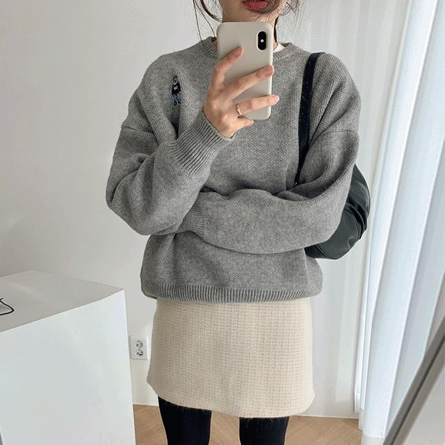 테디베어 자수 루즈핏 라운드 두툼 니트 (6col)