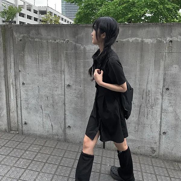 브루 블랙 핀턱 셔츠 원피스