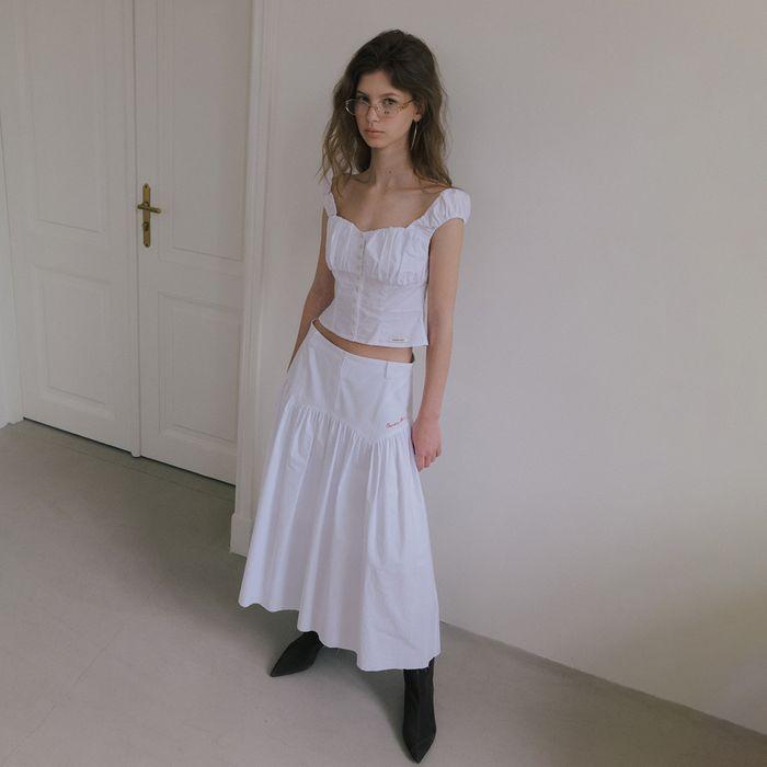 GRUNGE YOKE GATHER LONG SKIRT_WHITE