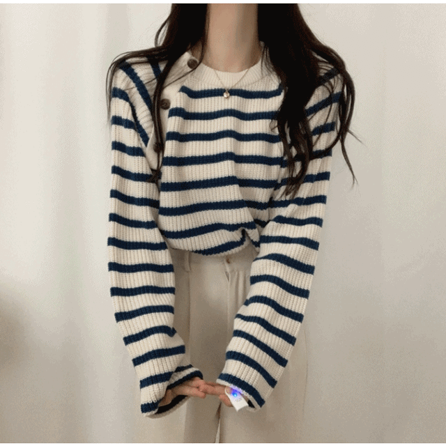 (넘예뻐요) 사선 단추 단가라 니트 4color