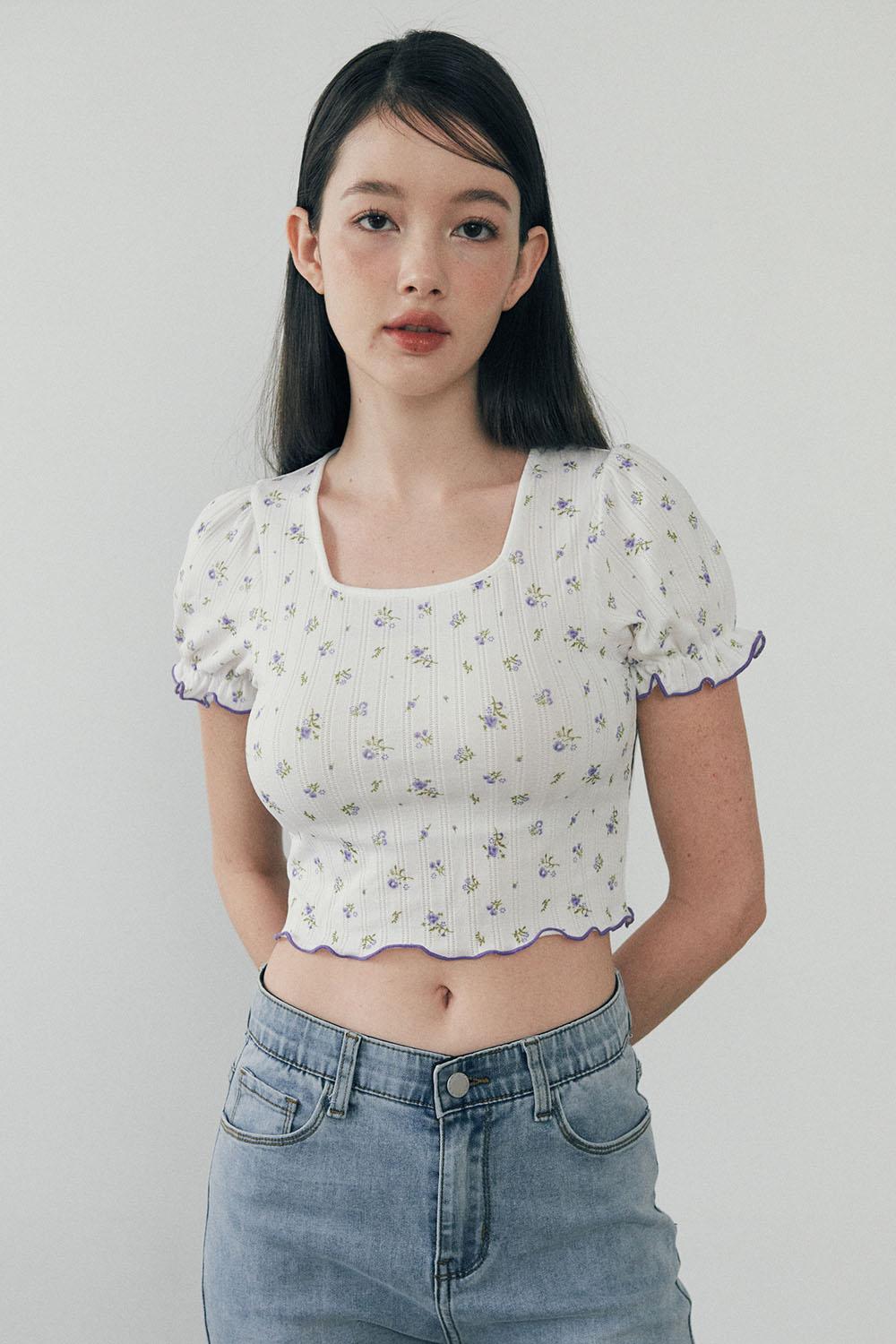 Frill Crop T-shirt - FLOWER PATTERN