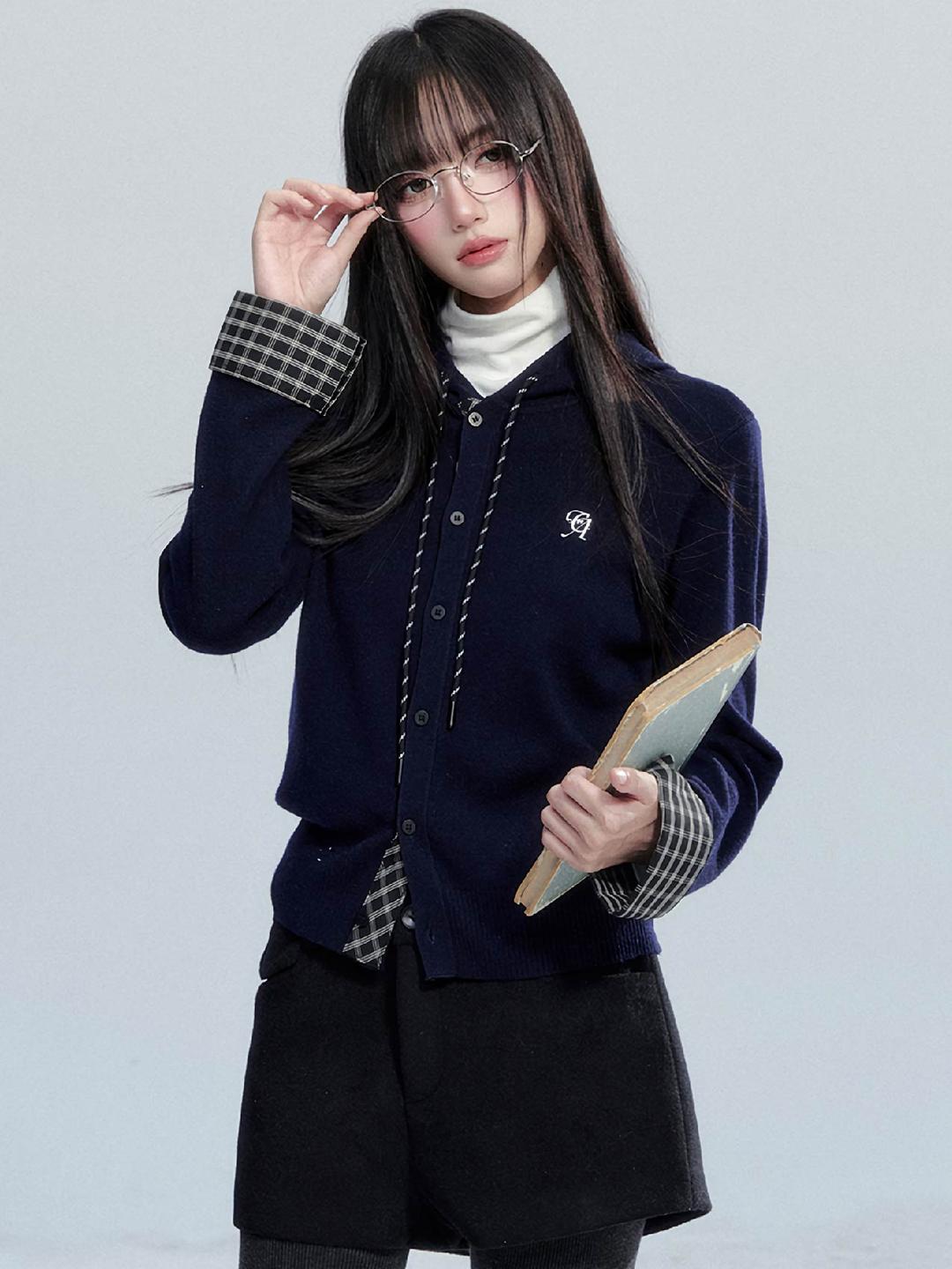[FRAGILE HEART] Checkered String Hoodie Knit Cardigan