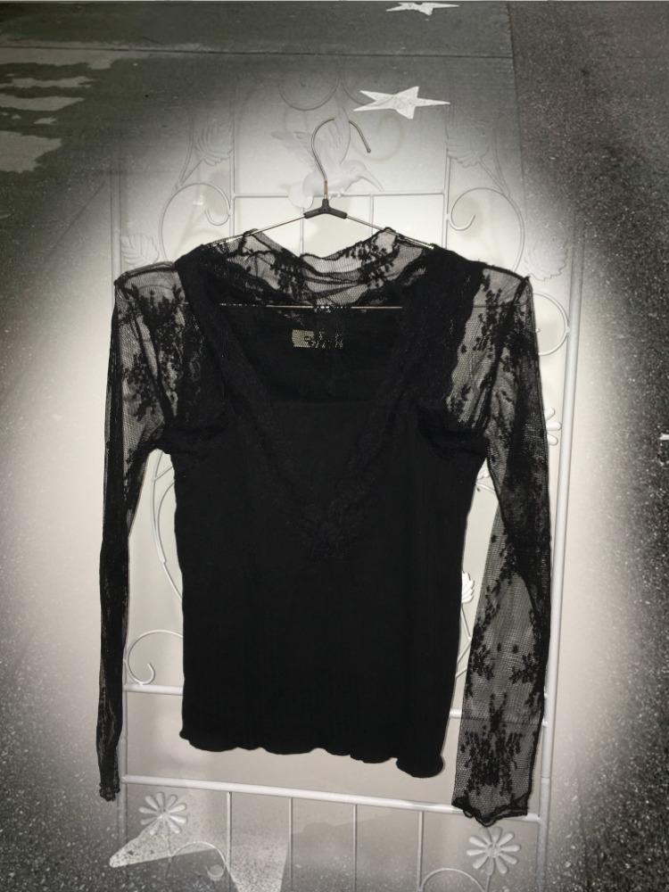 Set) Black see through blouse + lace sleeveless
