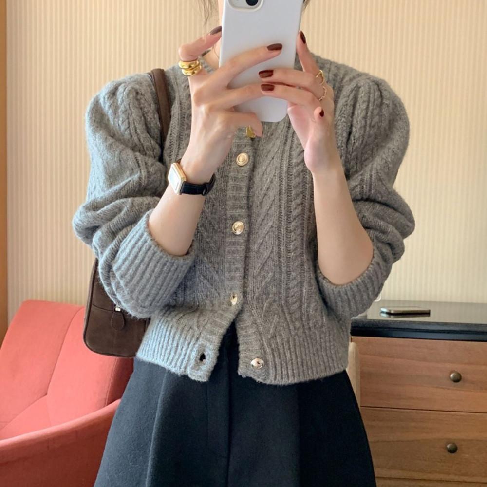 [당일발송] 고퀄 어깨퍼프 금장 케이블 가디건 3color