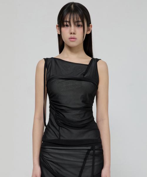 Draped Mesh Layered Sleeveless (FL-116_Black)
