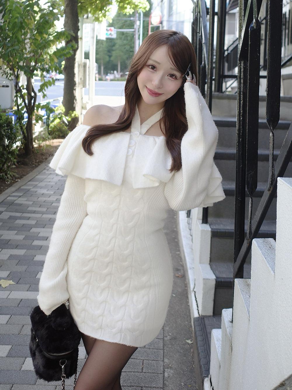 ホルターデザインオフショルニットミニワンピース