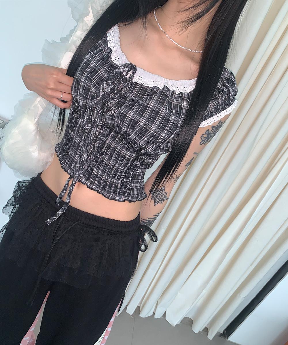 체크 스모크 밴딩 블라우스