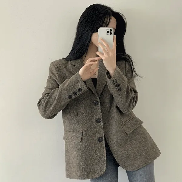 [램스울20%/오버핏] 무드있는, 헤링본 쓰리버튼 블레이저 자켓 (2color)