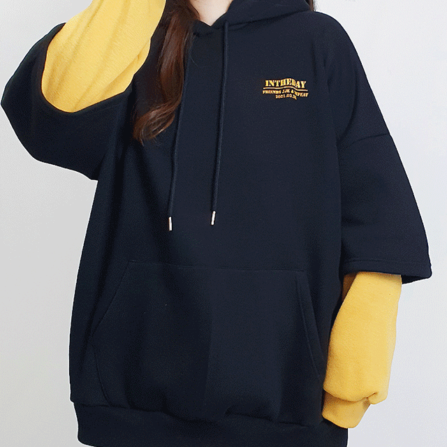 [빅빅사이즈/유니크]부드러운 오버사이즈 투톤 배색 레이어드 기모 박스 오버핏 후드티 2종