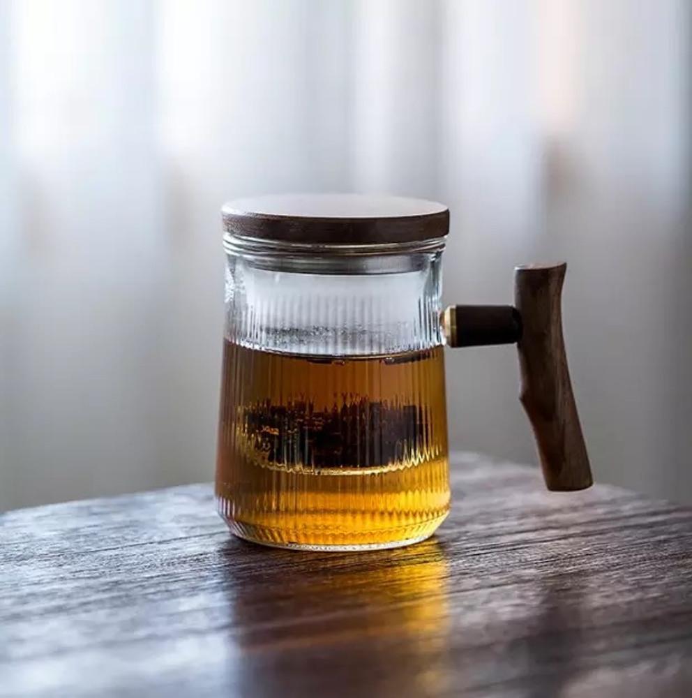 블랙 호두나무 손잡이 내열유리 머그컵 찻잔