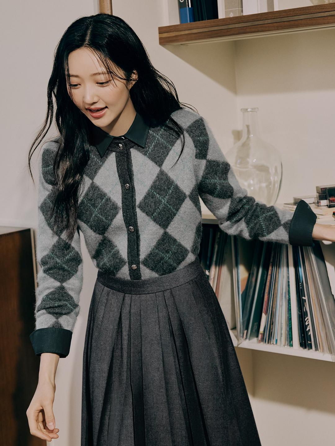 아가일 라운드넥 카디건 - 그레이