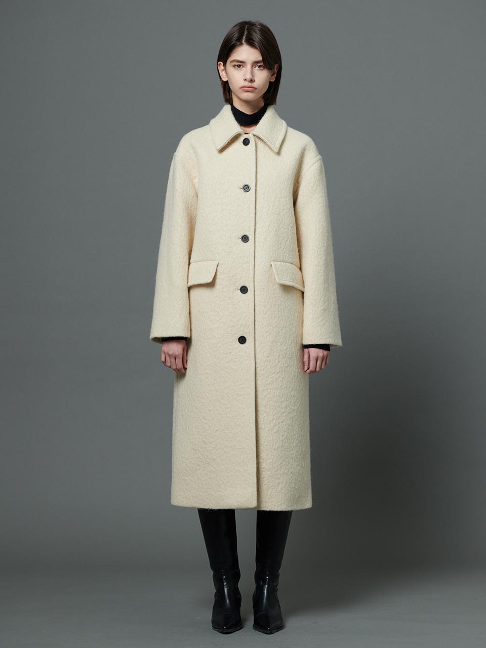 Boucle wool single collar coat - Cream