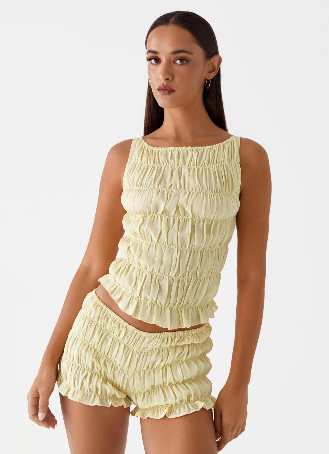 Girls Like Us Ruched Mini Shorts - Yellow - Yellow / AU 4