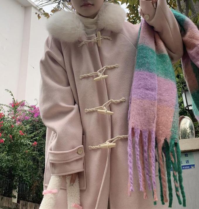 겨울 토끼 화이트 후드퍼 떡볶이 단추 포인트 모직 롱코트 포켓+하이퀄리티 루즈핏