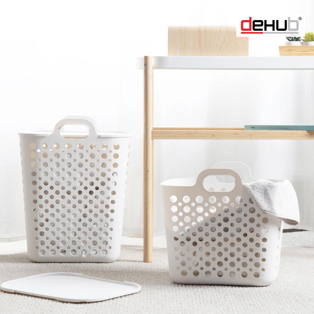 디허브 빨래 바구니 PP 정리함 (화이트 뚜껑 손잡이 멀티 세탁 빨래바구니 분리수거)