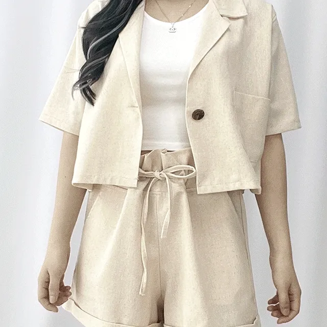 [따로가능] 여름 정장 셋업 베이지 블랙 브라운 린넨 반팔 크롭 자켓 반바지 투피스 세트 SET (3 color)