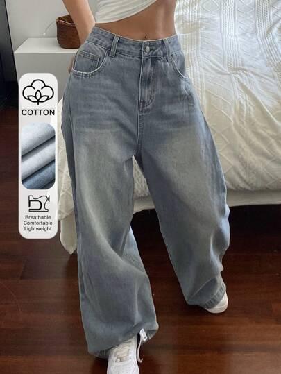 DAZY 여성용 찢어진 & 퇴색된 와이드 레그 캐주얼 청바지