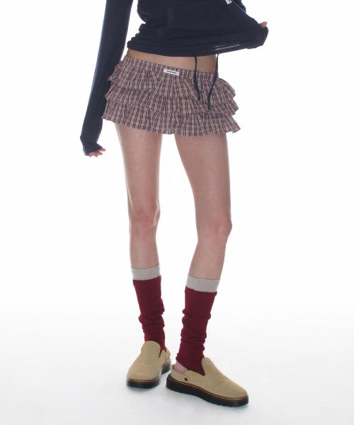 티어드 마이크로 스커트 팬츠_와인 체크