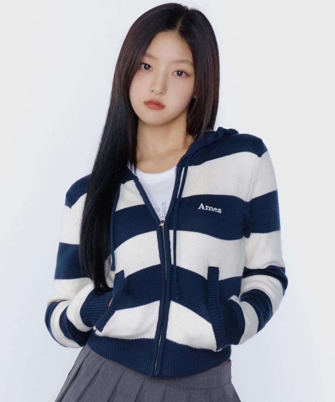 STRIPE KNIT HOODIE ZIP-UP NAVY