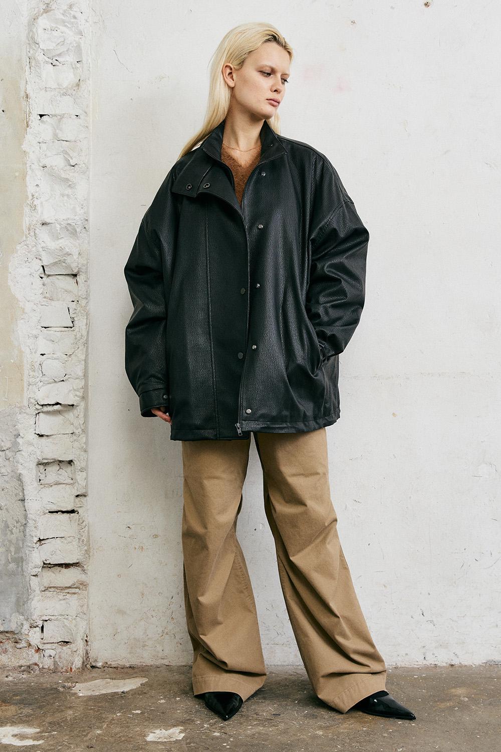 비건레더 오버핏 퀼팅 점퍼 블랙