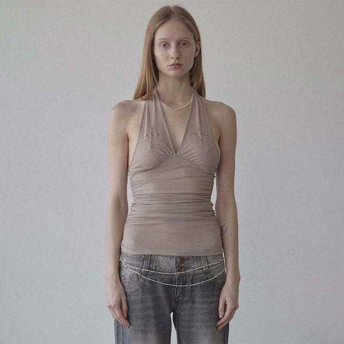 Beaded Mesh Halter Top Skin