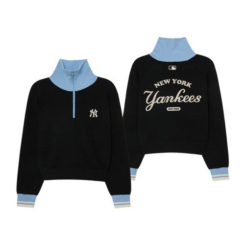 여성 바시티 크롭 반집업 스웨터 NY (Black)