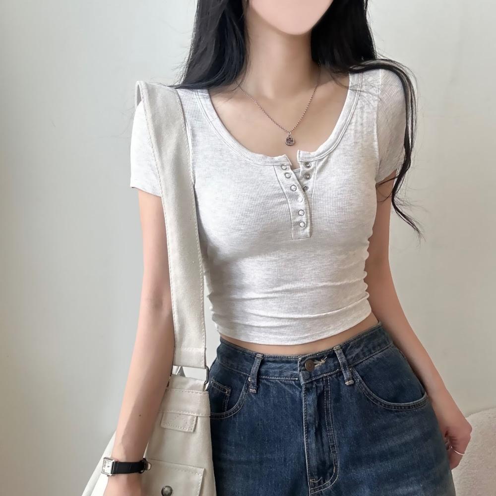 데일리유 [캡내장🤍/무료배송] 스냅,쫀쫀 골지 유넥 크롭 반팔 티셔츠 [6color]