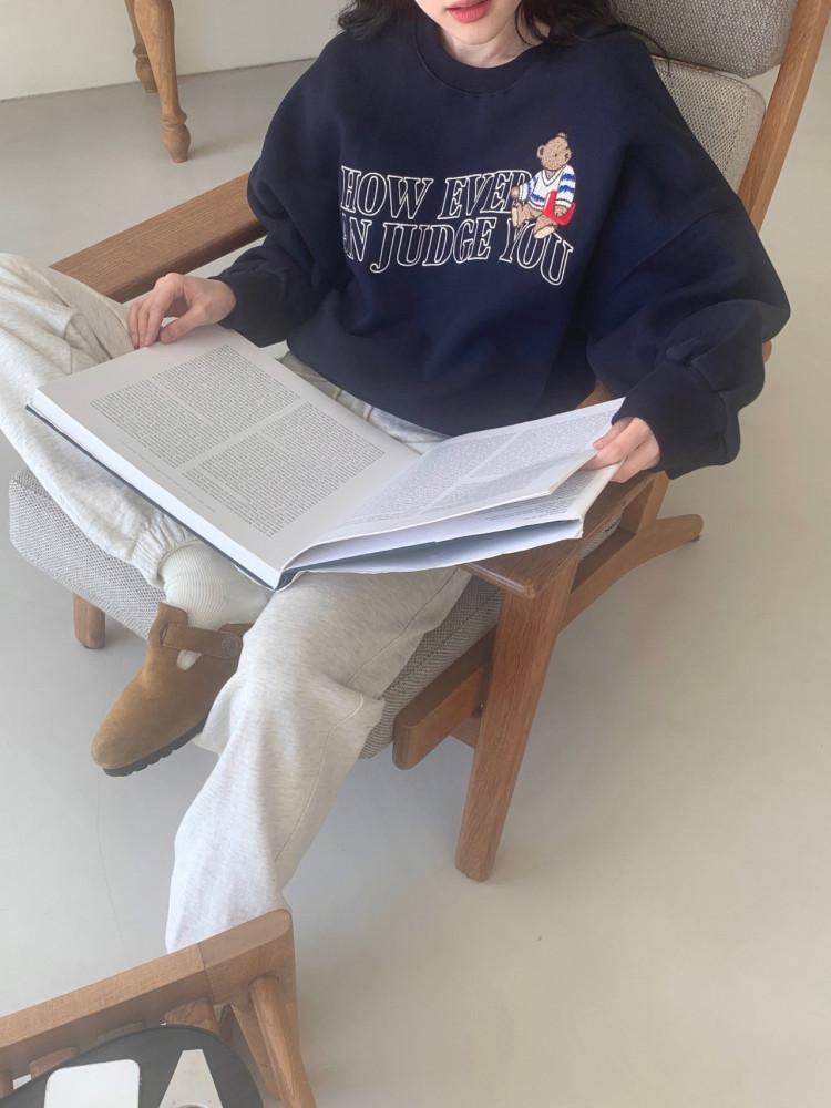 베어 자수 속기모 맨투맨 (백멜란지,네이비)