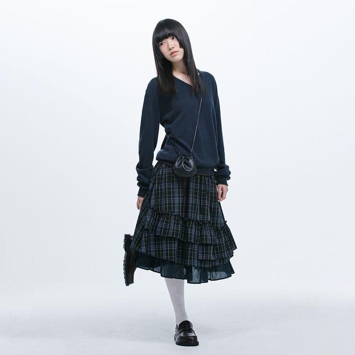 CHECK FRILL MIDI SKIRT, NAVY