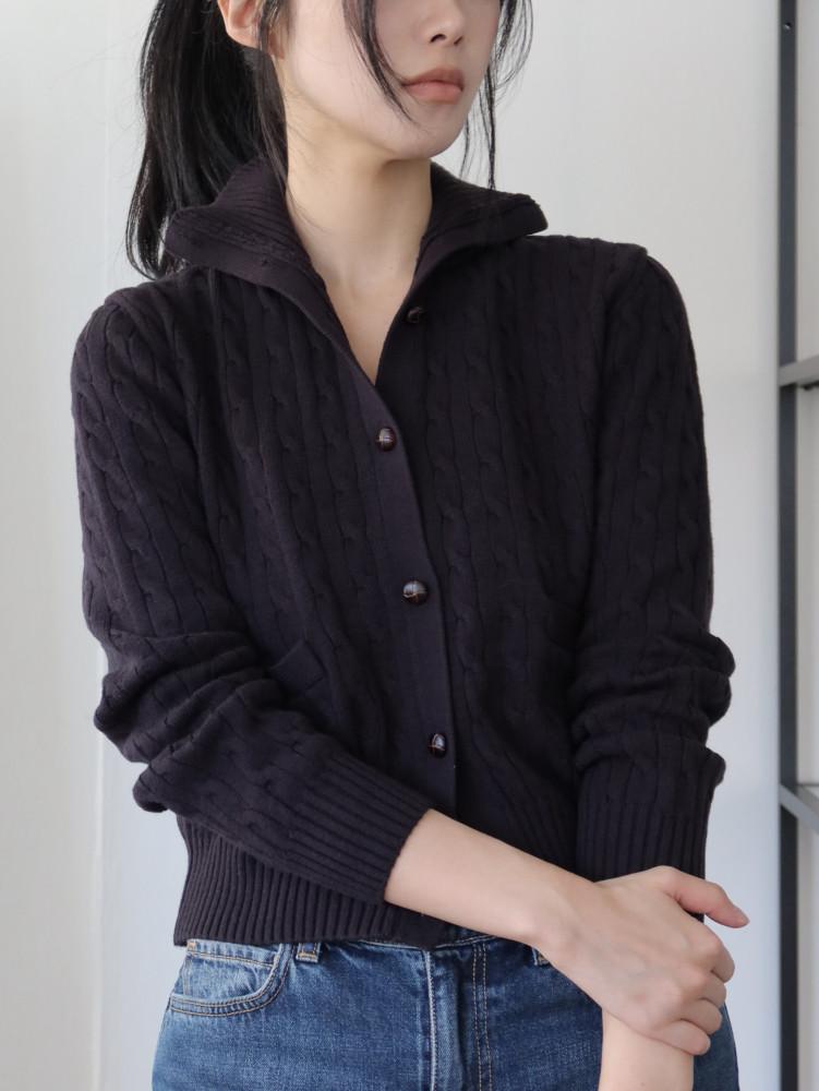 여성 면 케이블 꽈배기 니트 카디건 반하이넥 비스코스 혼방 도톰 꽈배기니트