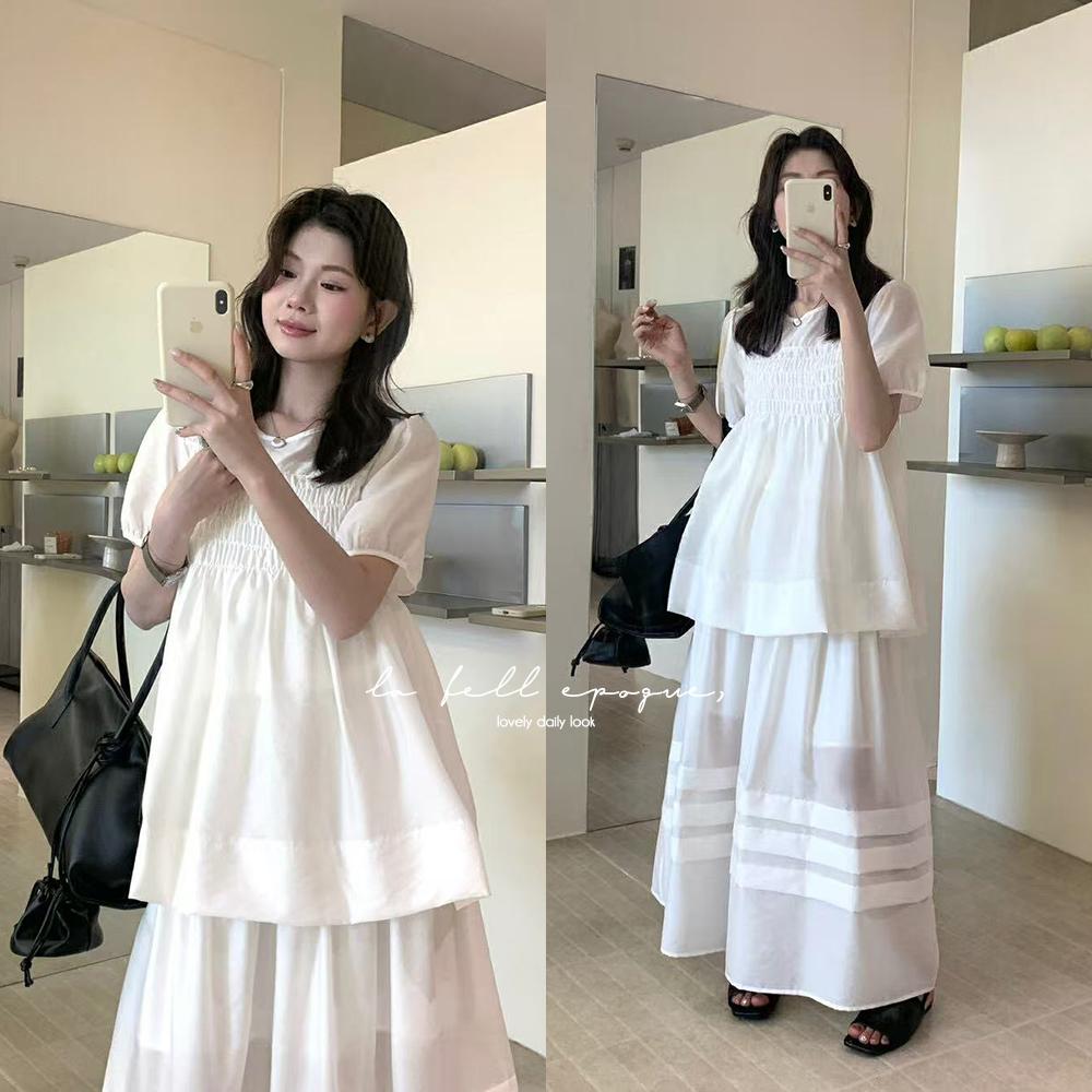 아루 스모크 밴딩 실크 블라우스 스커트 투피스