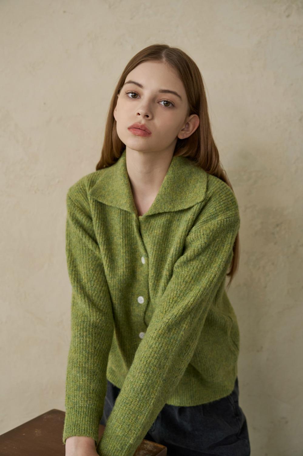 울 블랜디드 리브 카라 가디건_그린