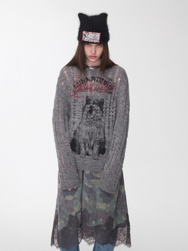 [1JINN STUDIO] Animal Print Cut-out Sweater