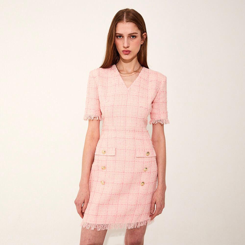 V neck Fringe tweed dress [PINK]