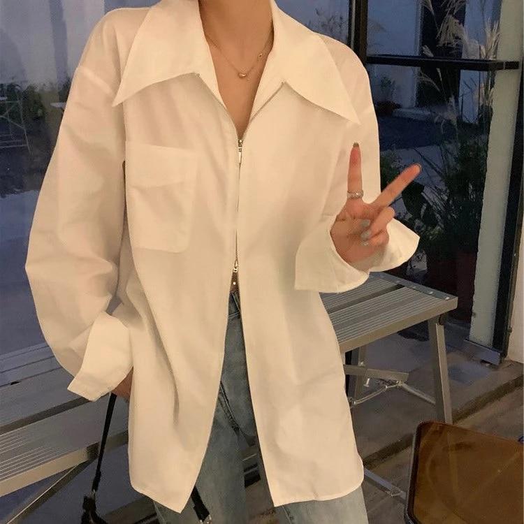 여성용 더블 지퍼 화이트 셔츠, 새로운 가을 한국 스타일 초가을 초 가을 겉옷 긴 소매 중간 길이 셔츠 2022
