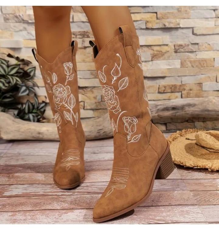 [티몬] 웨스턴부츠 여성장화 승마부츠 여성용 꽃무늬 부츠, 슬립온 편안한 청키 힐 미드 콜 웨스턴 카우보이 캐주얼 부